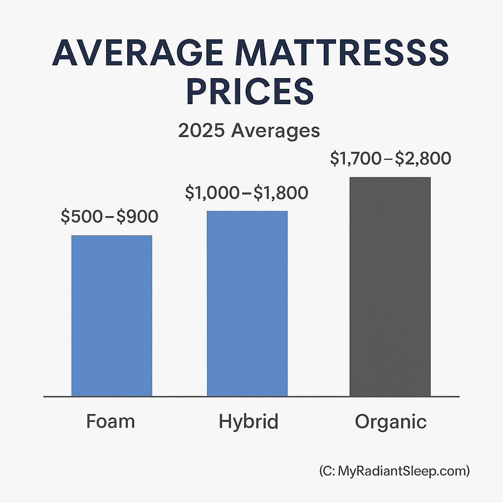 bar chart showing average mattress prices by type in 2025 foam 500–900 hybrid 1000–1800 organic 1700–2800 highlighting cost differences (C: MyRadiantSleep.com)