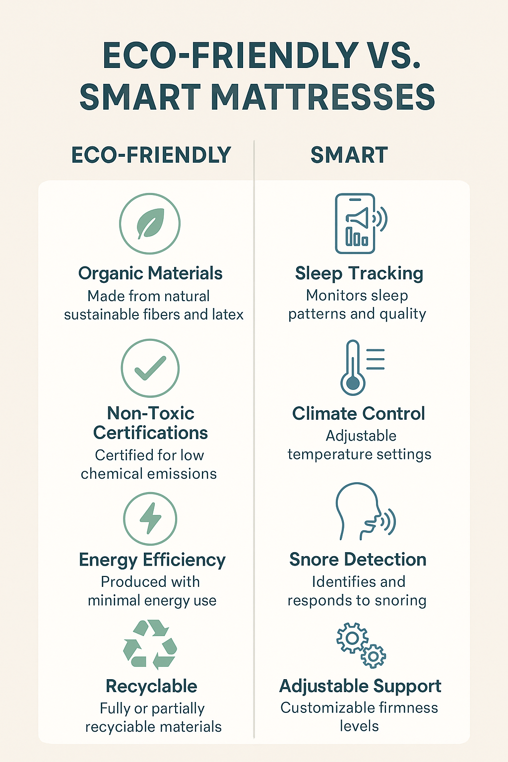 infographic comparing eco-friendly and smart mattresses showing features like organic materials non-toxic certifications energy efficiency sleep tracking and adjustable support (C: MyRadiantSleep.com)