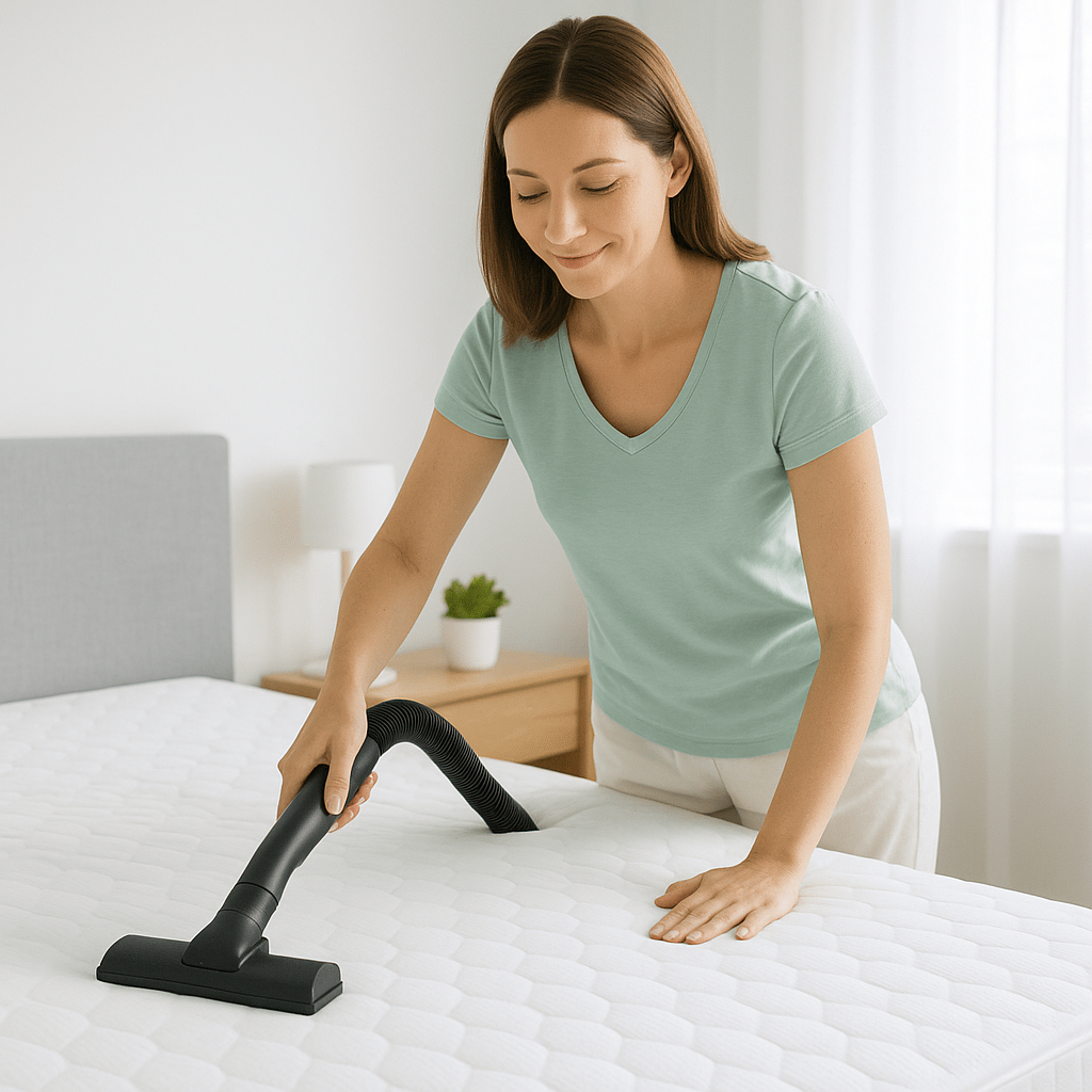 woman vacuuming mattress to eliminate dust mites allergens and irritation triggers for healthier sleep (C: MyRadiantSleep.com)