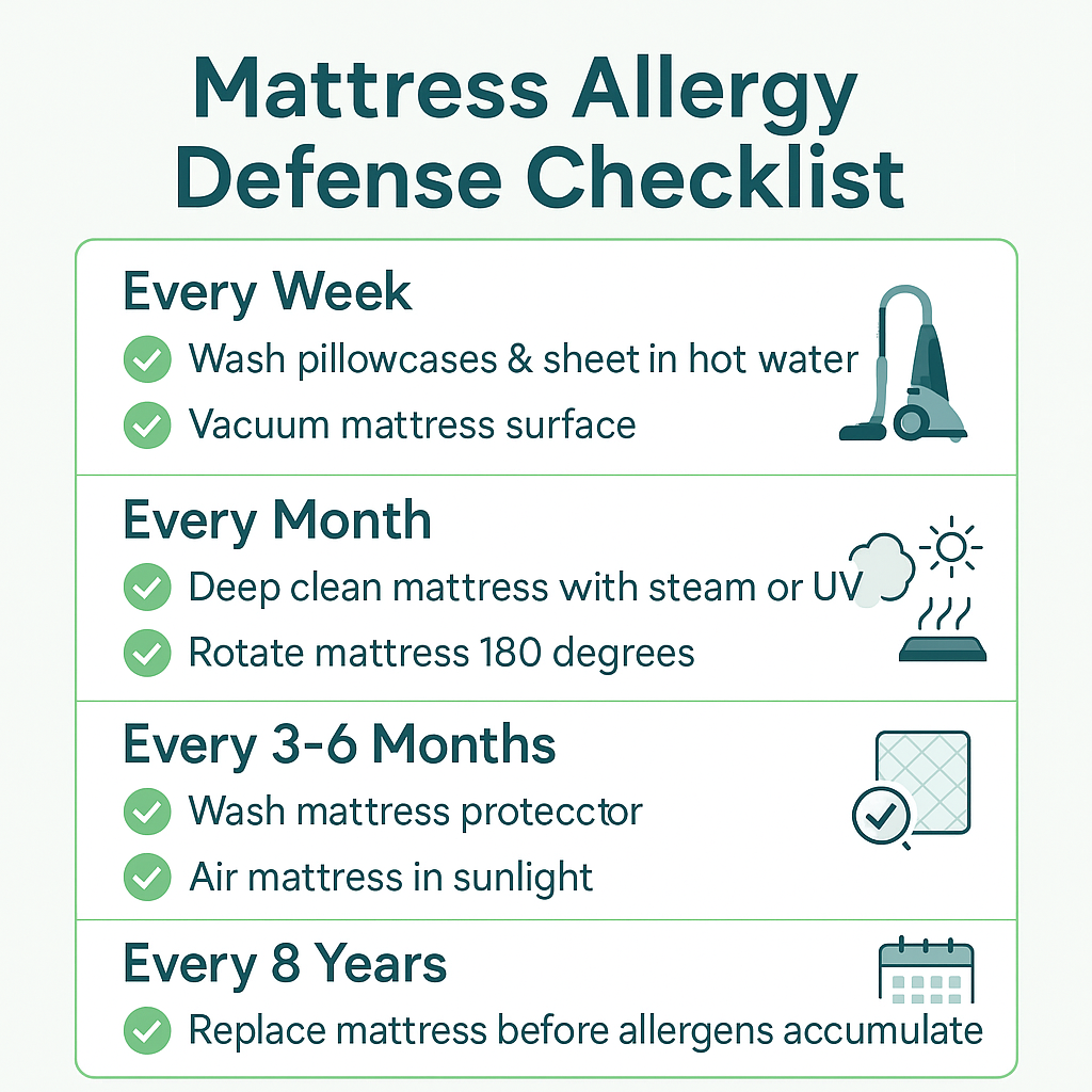 mattress allergy defense checklist infographic showing weekly monthly and seasonal cleaning steps to reduce dust mites and irritations (C: MyRadiantSleep.com)