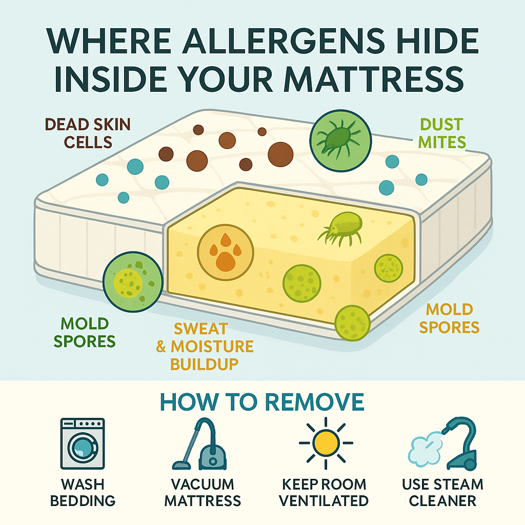 infographic showing where dust mites dead skin mold spores sweat and allergens hide inside a mattress with removal tips (C: MyRadiantSleep.com)