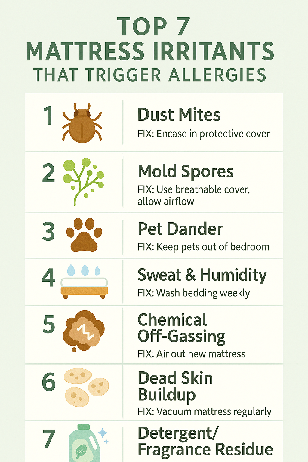 infographic showing top 7 mattress irritants that trigger allergies including dust mites mold spores pet dander sweat chemical off gassing and solutions to remove them (C: MyRadiantSleep.com)