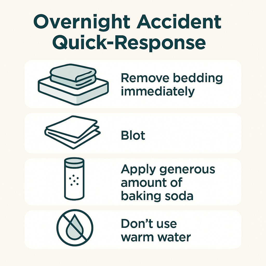 Graphic showing immediate steps for cleaning fresh urine from a mattress overnight, including blotting and applying baking soda.