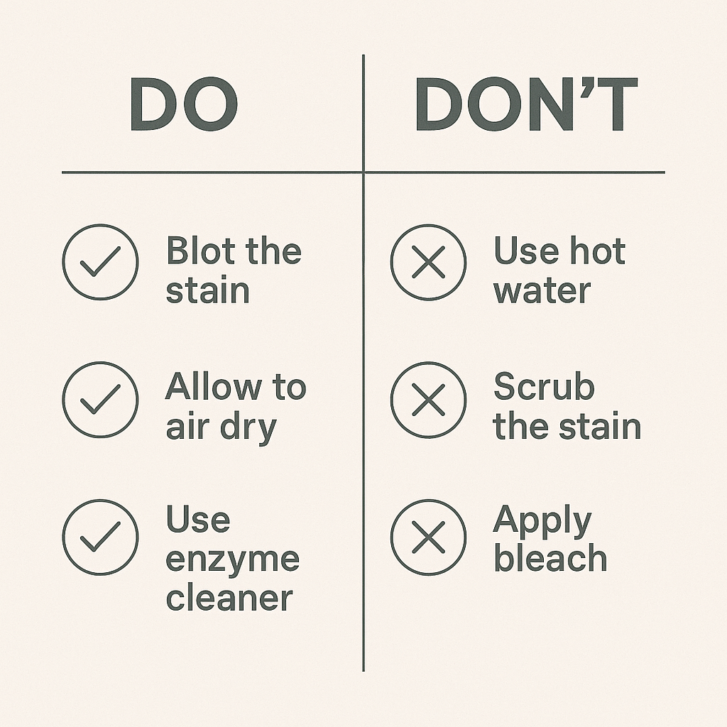 Mattress cleaning do and don’t chart showing blotting, air-drying, and enzyme cleaner versus hot water, scrubbing, and bleach.
