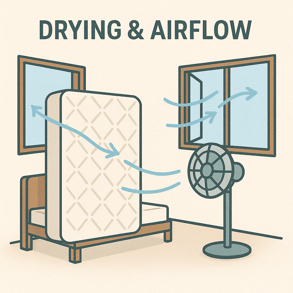 Mattress drying illustration showing a mattress upright with windows open and a fan to increase airflow after removing urine.
