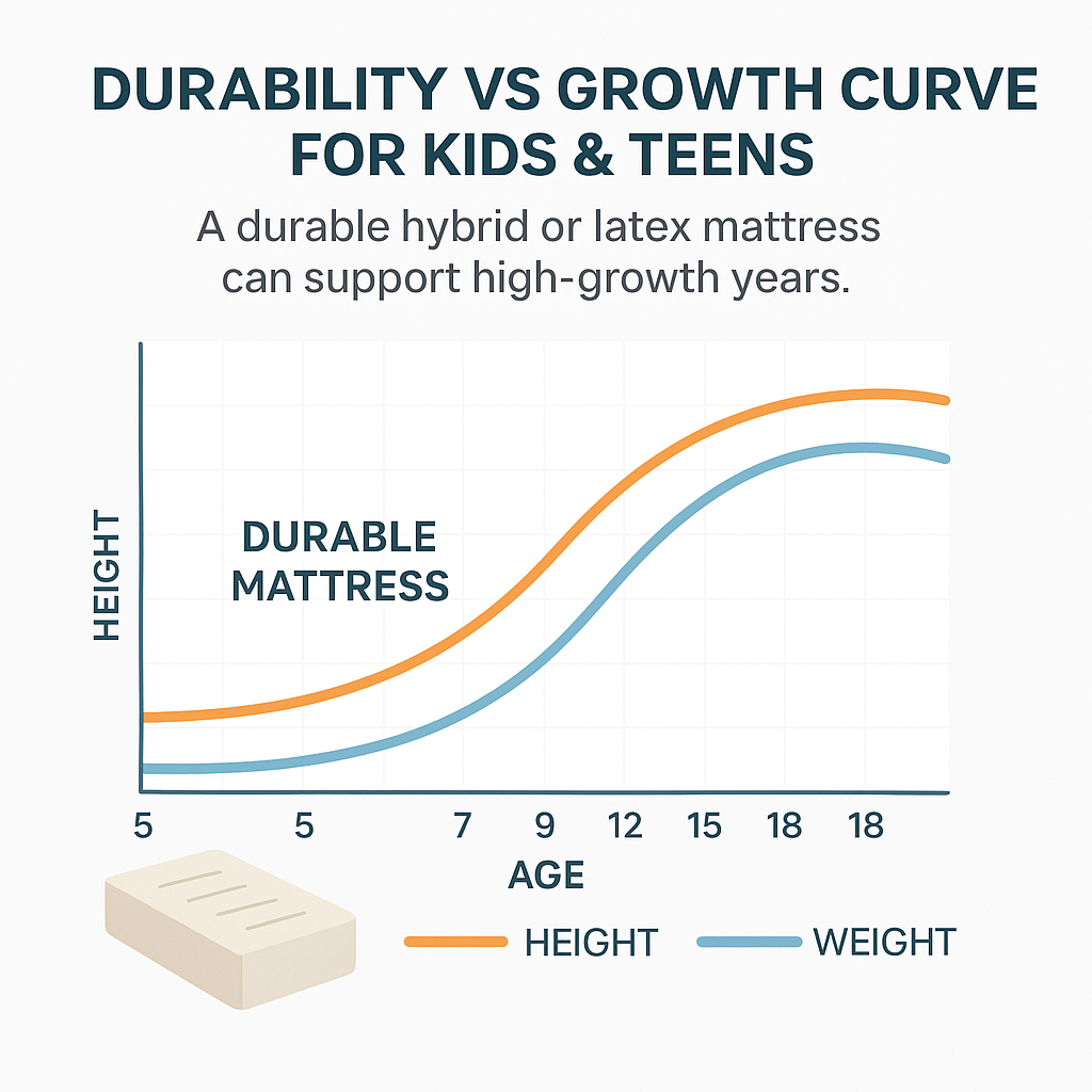Graph comparing kids’ and teens’ growth curves with recommended durable mattress materials.