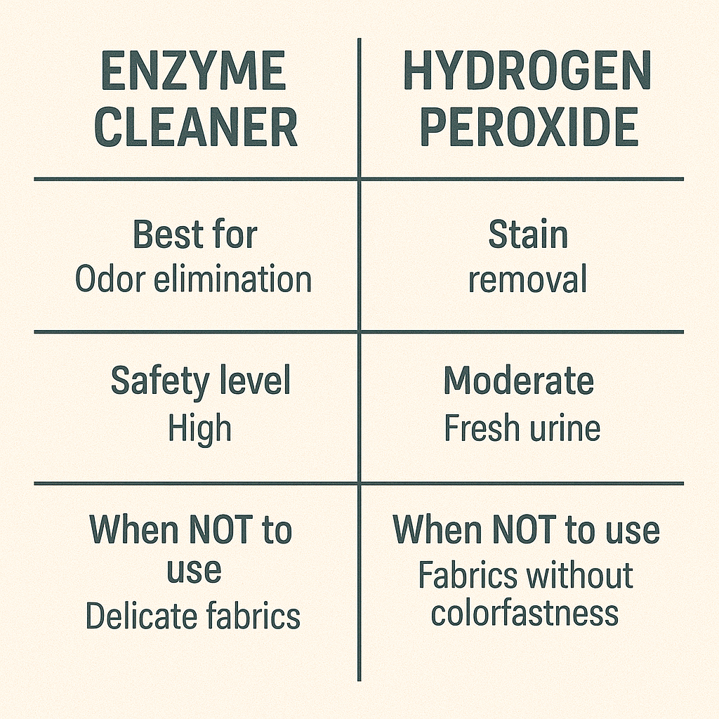 Side-by-side comparison of enzyme cleaner versus hydrogen peroxide for cleaning urine from a mattress, including best uses and safety guidelines.