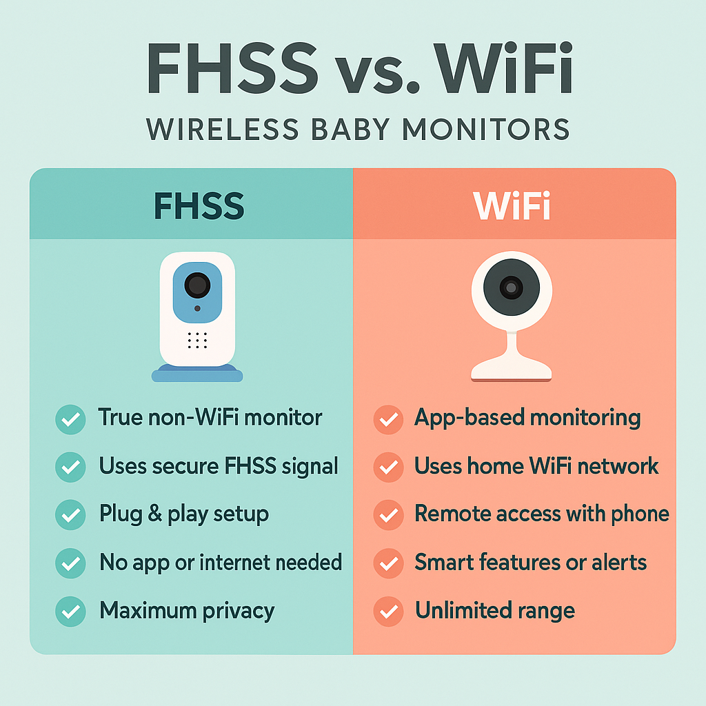 FHSS versus WiFi comparison chart explaining privacy, features, and connection differences in baby monitors