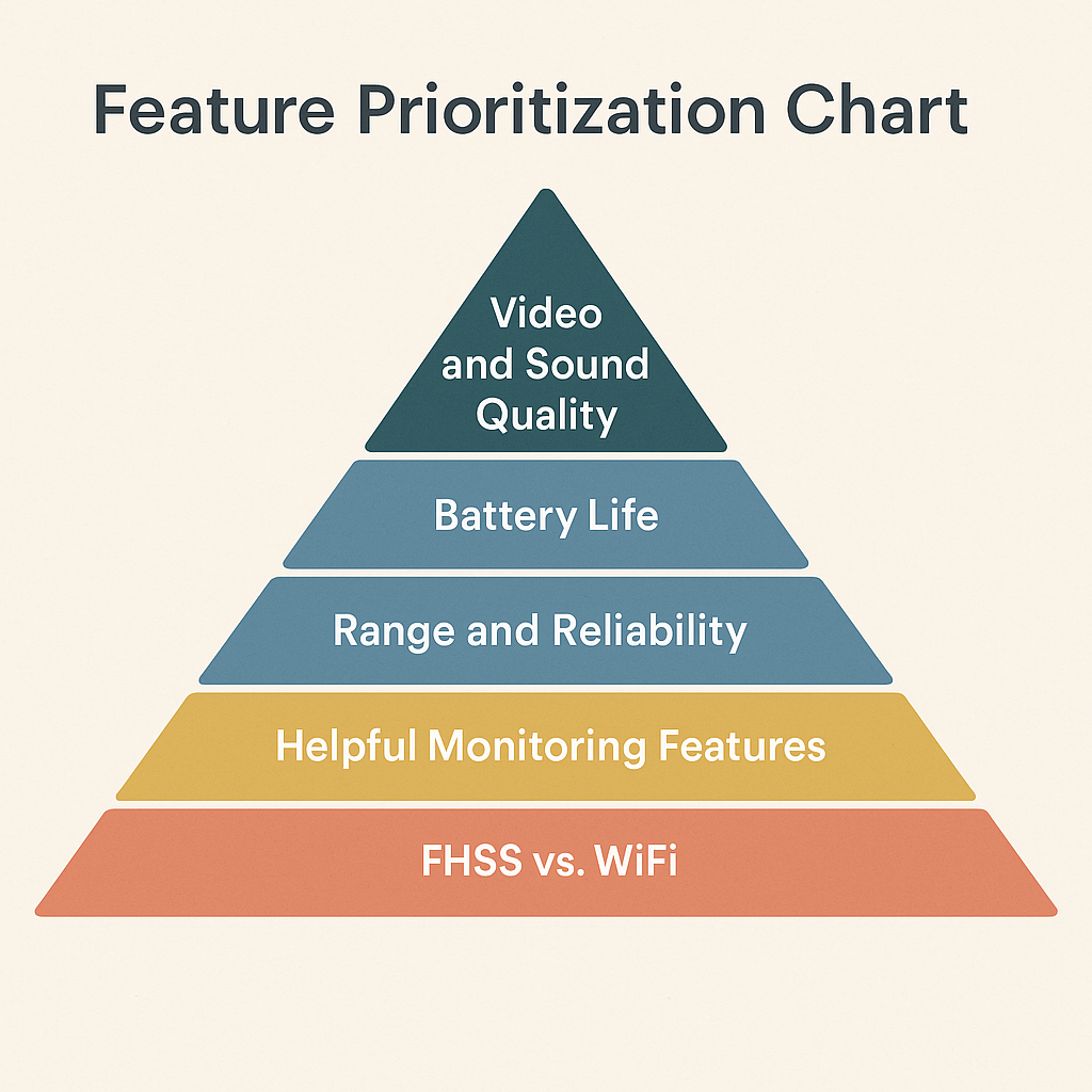 feature prioritization pyramid showing baby monitor priorities including video quality, battery life, range, monitoring features, and FHSS vs WiFi