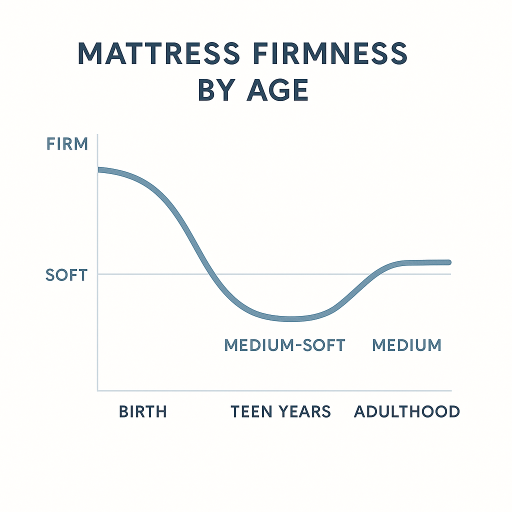 Line graph showing mattress firmness needs by age from firm in infancy to medium-soft in teens and medium in adulthood.