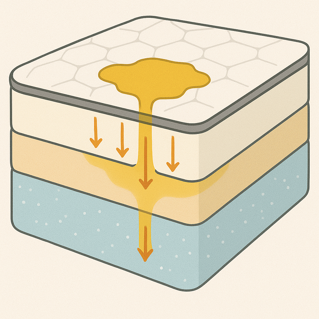 Cutaway diagram of a mattress showing urine soaking into deeper layers, explaining why odor returns after cleaning.