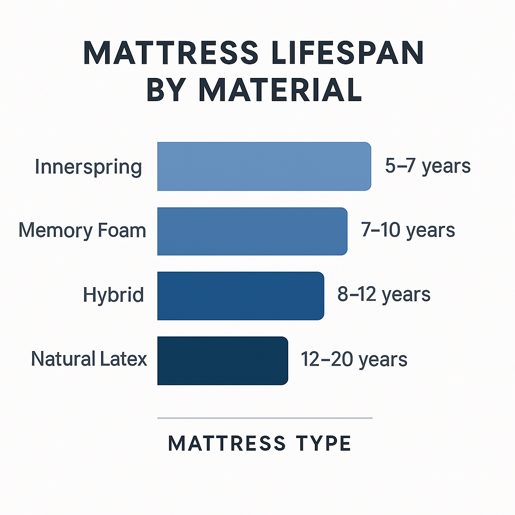 Bar chart comparing mattress lifespan for innerspring, memory foam, hybrid, and natural latex materials.