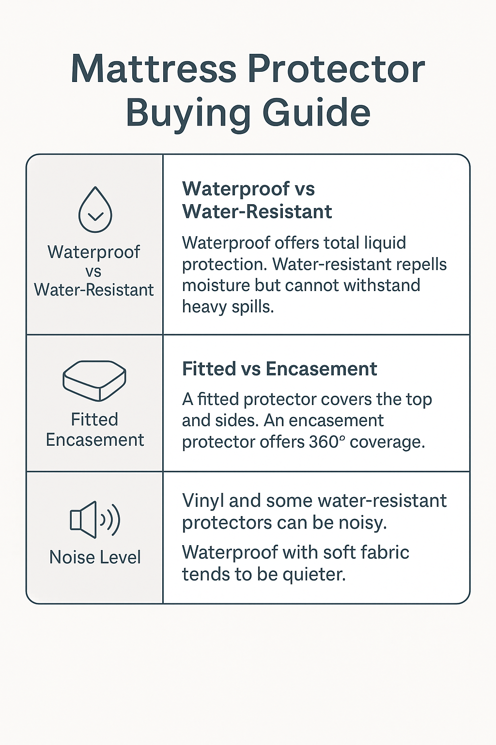 Mattress protector comparison chart showing waterproof vs water-resistant options, fitted vs encasement, and noise considerations.