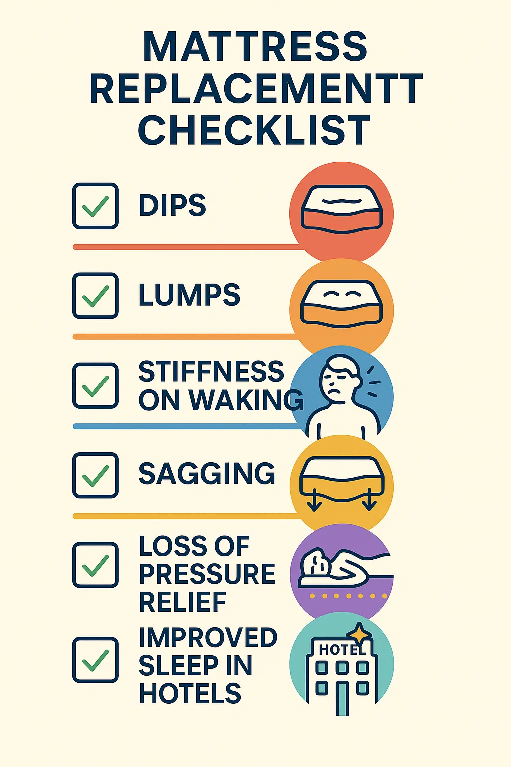 mattress replacement checklist with dips lumps stiffness sagging and pressure relief loss indicators