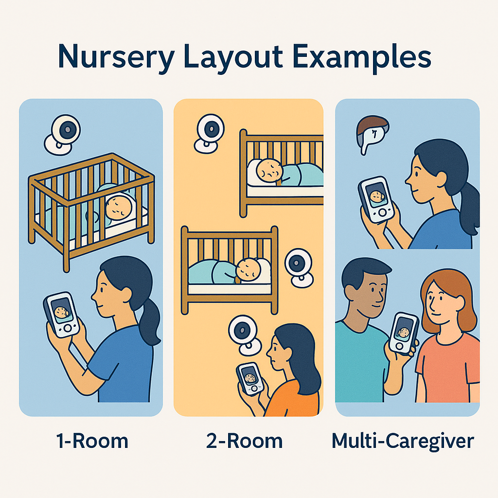 nursery layout examples showing one-room, two-room, and multi-caregiver baby monitor setups