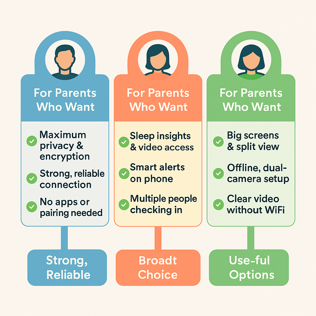 parent persona chart comparing non-wifi, wifi, and dual-camera baby monitor needs for families