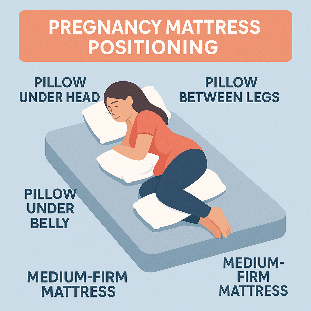 Illustration showing pregnancy mattress positioning with pillows under head, belly, and between legs on a medium-firm mattress.