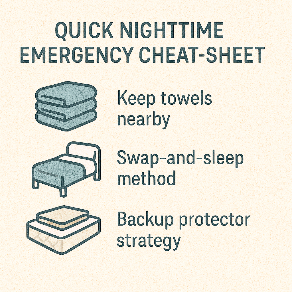 Checklist for handling nighttime mattress urine accidents, including blotting, baking soda use, and fast bedding changes.