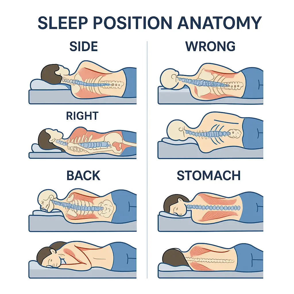 sleep position anatomy chart showing correct and incorrect spinal alignment for side back and stomach sleepers