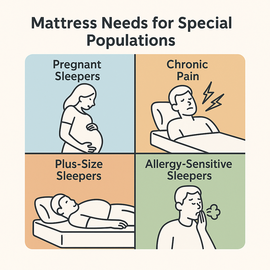 Four-quadrant chart showing mattress needs for pregnant sleepers, chronic pain, plus-size sleepers, and allergy-sensitive sleepers.