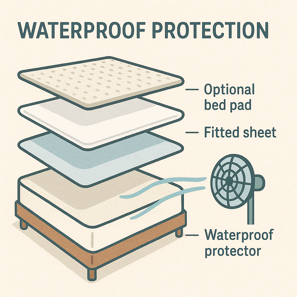 Waterproof mattress protection diagram with layers including protector, fitted sheet, and bed pad to avoid urine reaching the mattress.