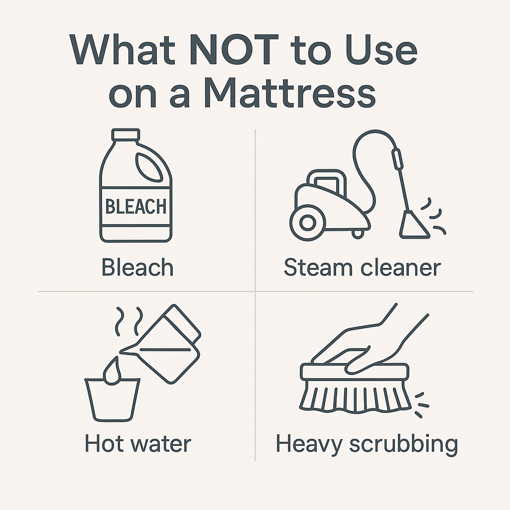 Icons showing bleach, steam cleaner, hot water, and scrubbing as unsafe methods for cleaning urine from a mattress.