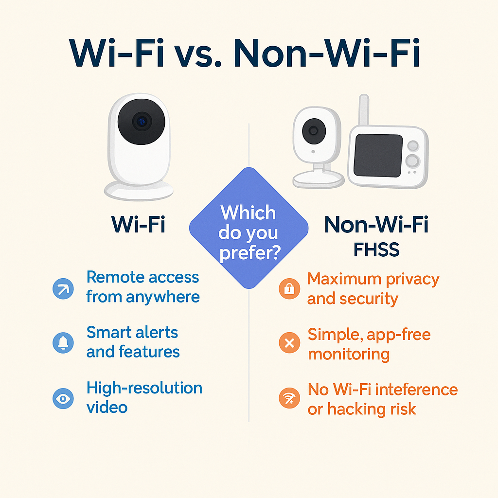 WiFi versus non WiFi baby monitor comparison card showing differences in privacy, alerts, and video features