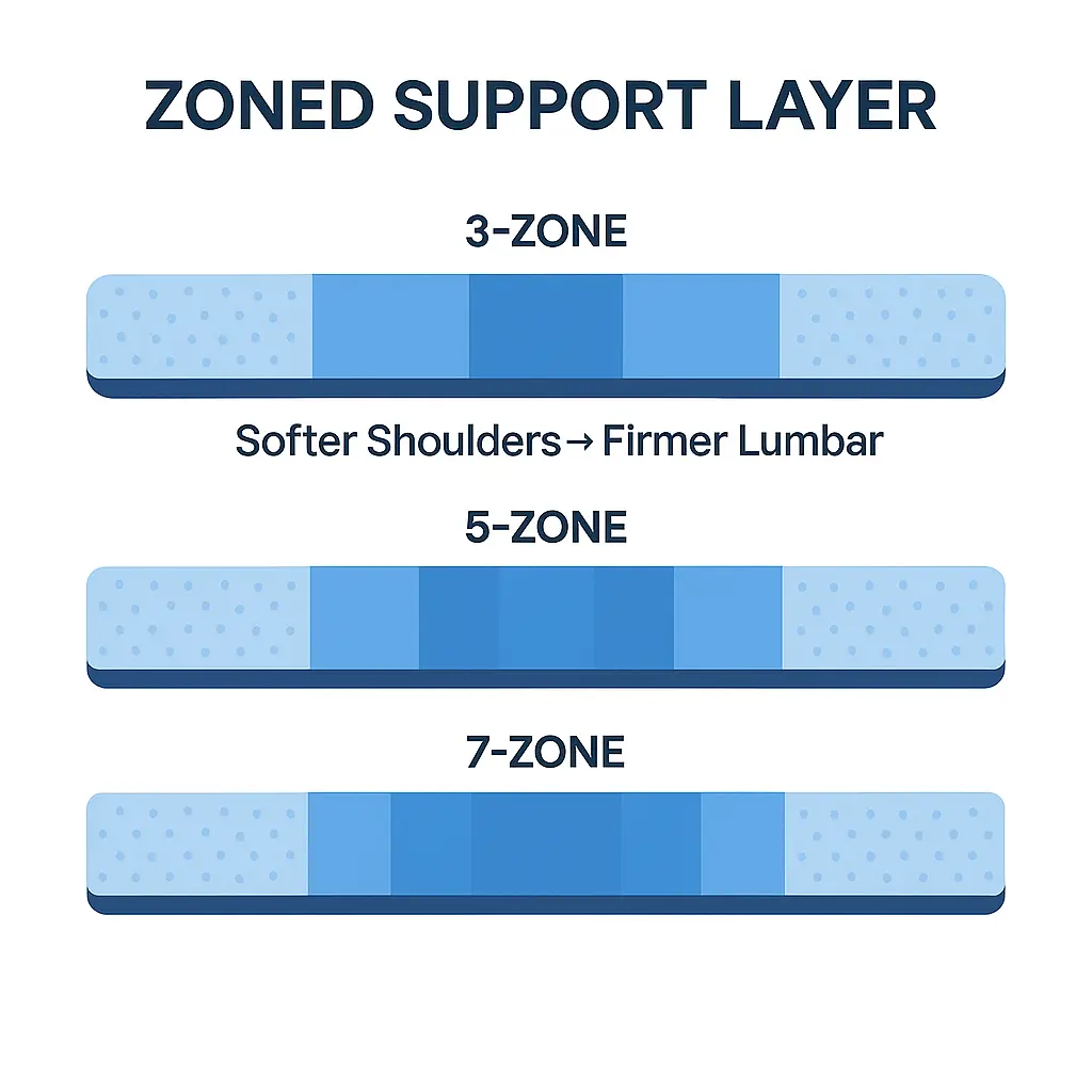zoned support layer infographic showing 3 zone 5 zone and 7 zone mattress support