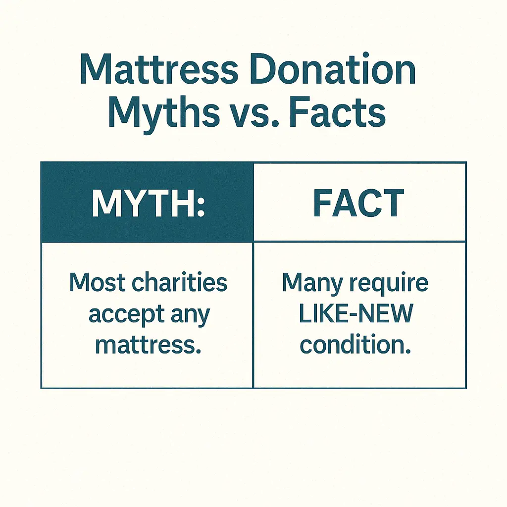 Myths vs facts chart explaining that most charities only accept like-new mattresses for donation.