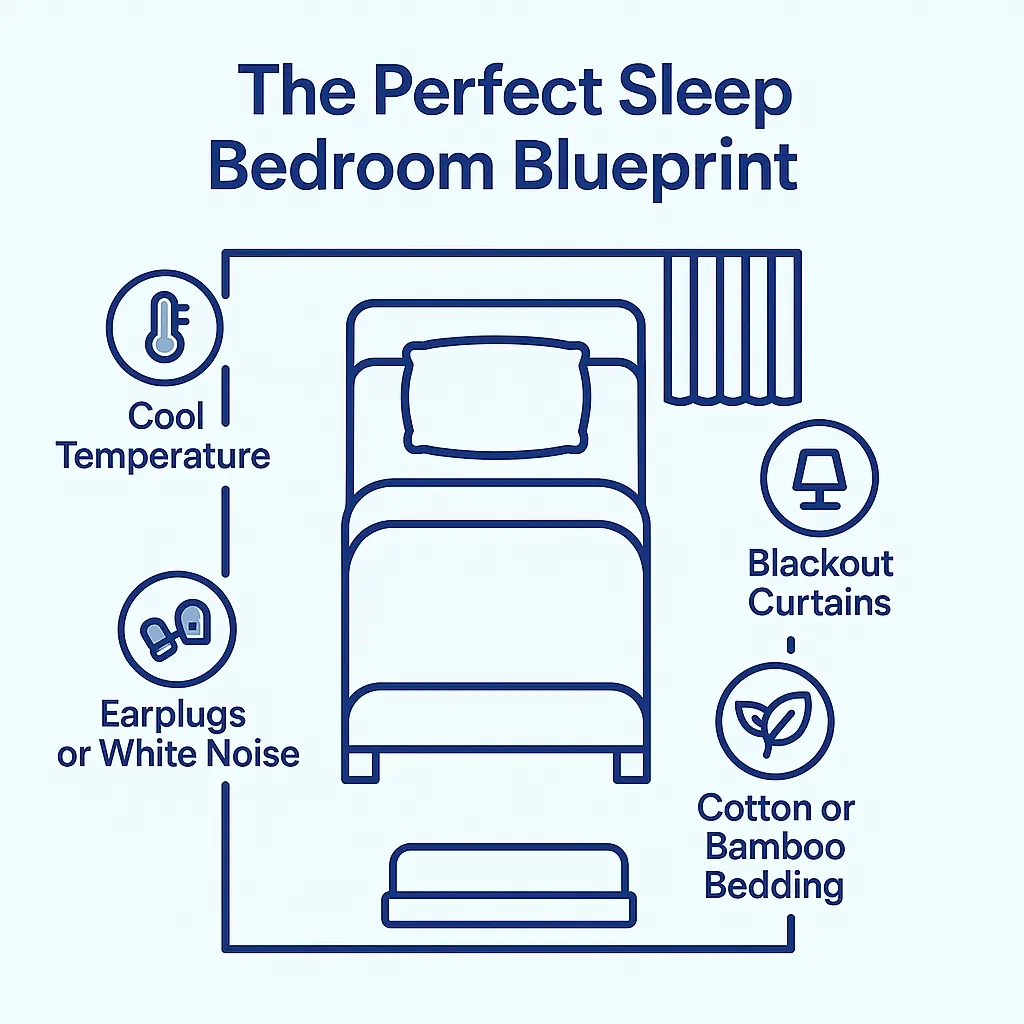 bedroom environment blueprint infographic with 65 degree temperature blackout curtains and breathable bedding MyRadiantSleep