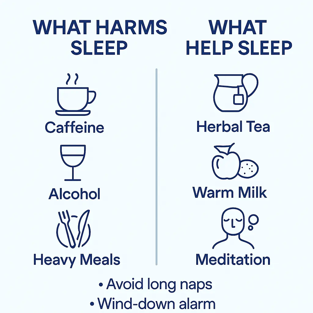 sleep infographic comparing caffeine alcohol heavy meals versus herbal tea and calming habits MyRadiantSleep