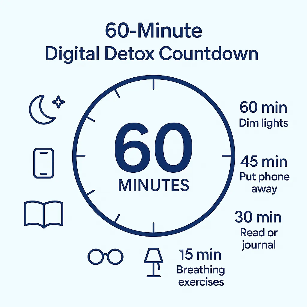 digital detox 60 minute countdown infographic for limiting screen time and blue light at night MyRadiantSleep