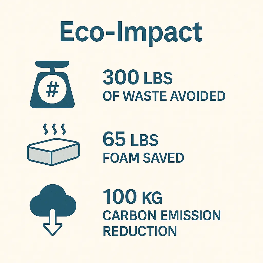 Eco-impact graphic with metrics for waste avoided, foam saved, and carbon emission reduction.