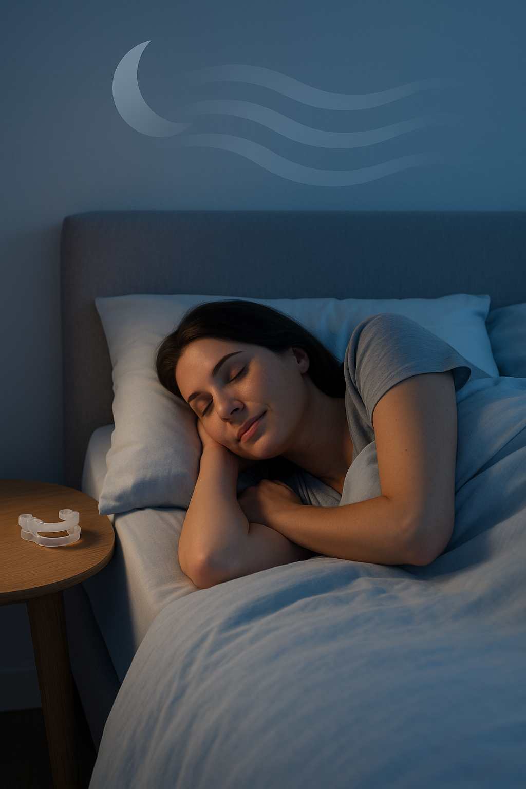 Woman sleeping peacefully with sleep apnea device nearby.    