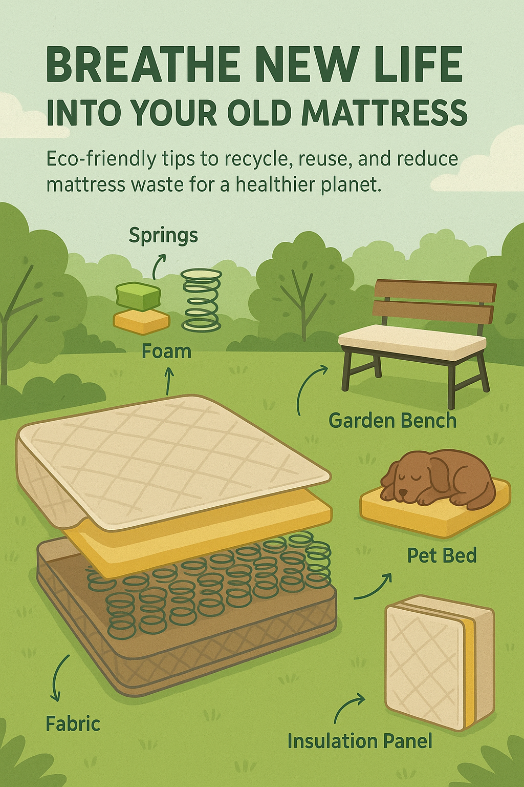 Mattress recycling into bench, pet bed, insulation panel.