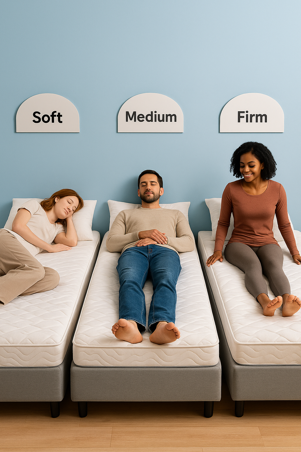 Three sleepers testing different mattress firmness levels.