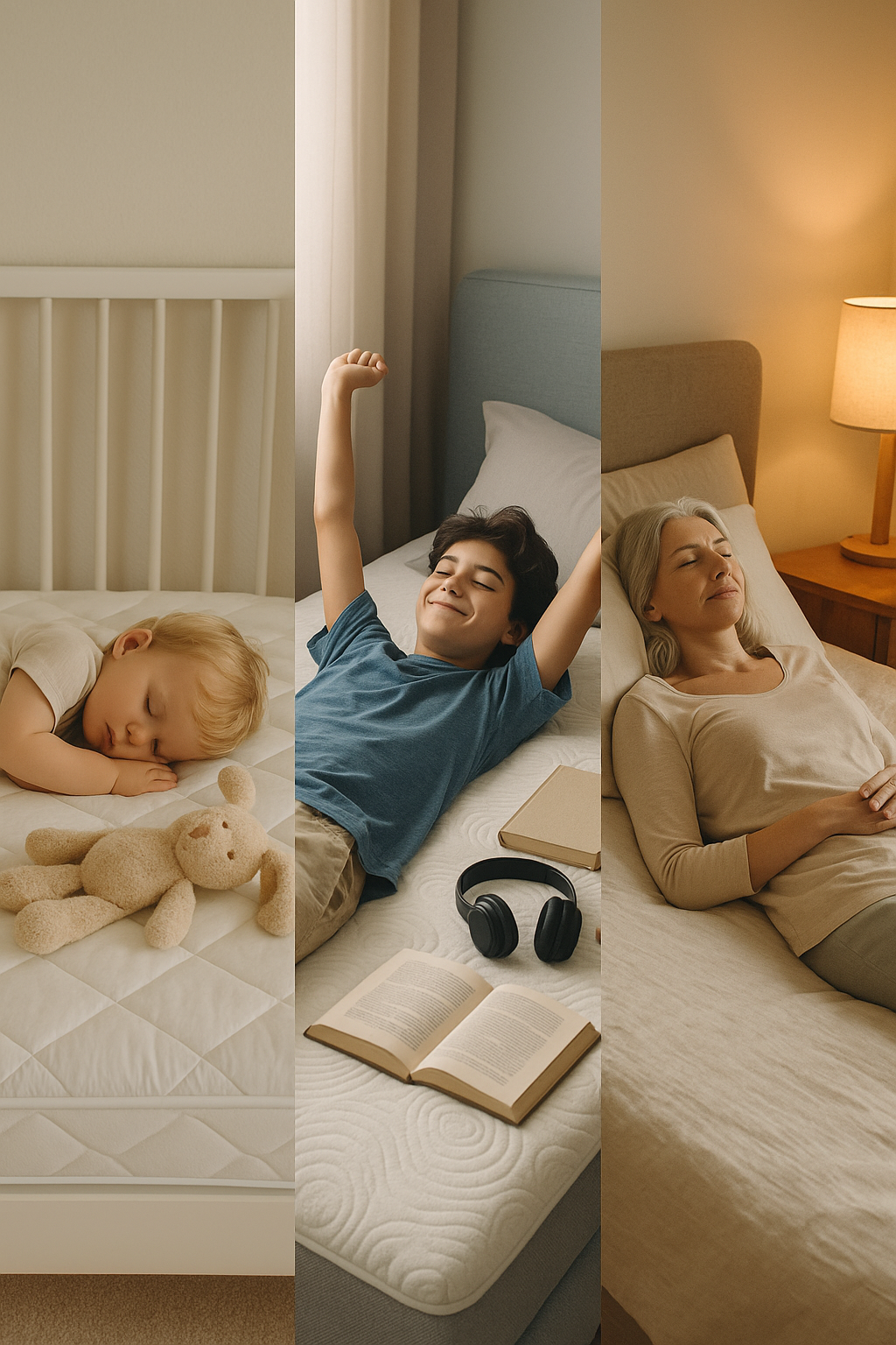 My Radiant Sleep guide showing mattress selection for toddlers, teens, and adults.