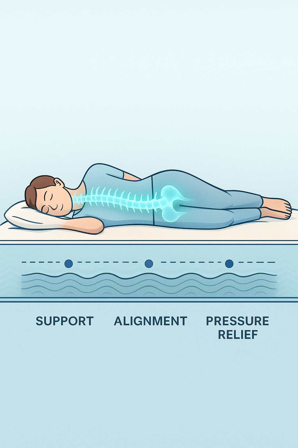 Illustration showing correct spine alignment on a supportive mattress for chronic pain relief.