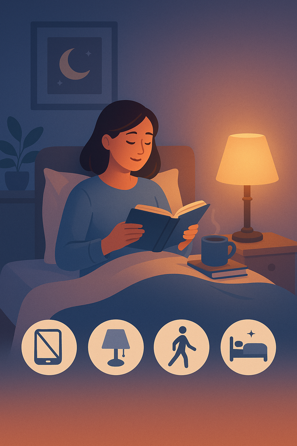 calming nighttime wind-down illustration with woman reading in bed and sleep tip icons MyRadiantSleep