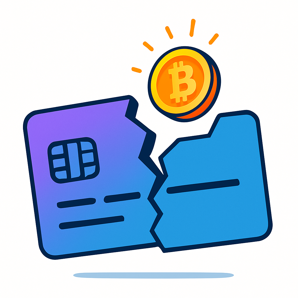 a cracked bank card in a purple-to-blue gradient with a Bitcoin coin popping out