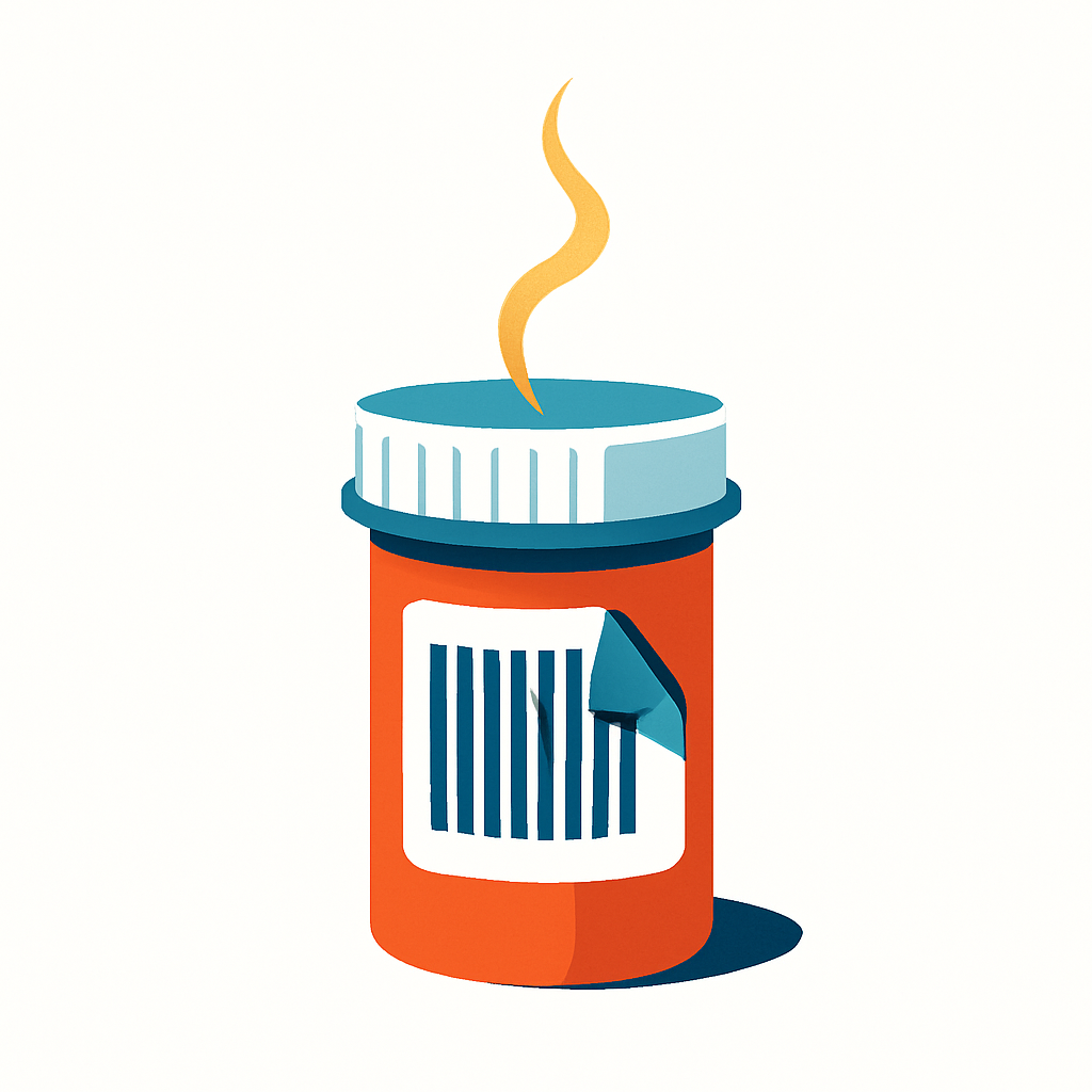 A pill bottle with a peeling barcode label leaking a glowing thread of light