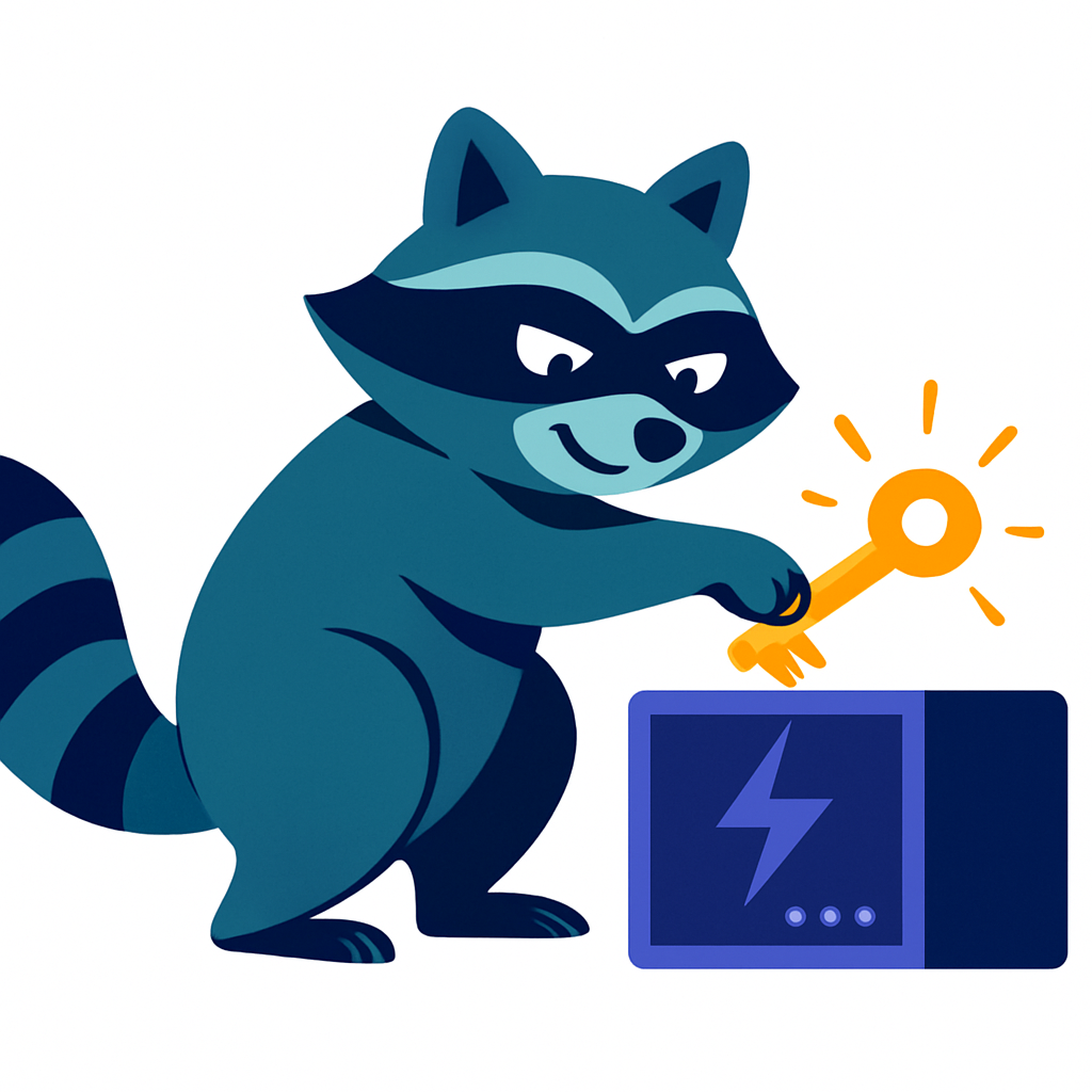 a masked raccoon pulling a glowing key from a tiny lightning-bolt-shaped server box