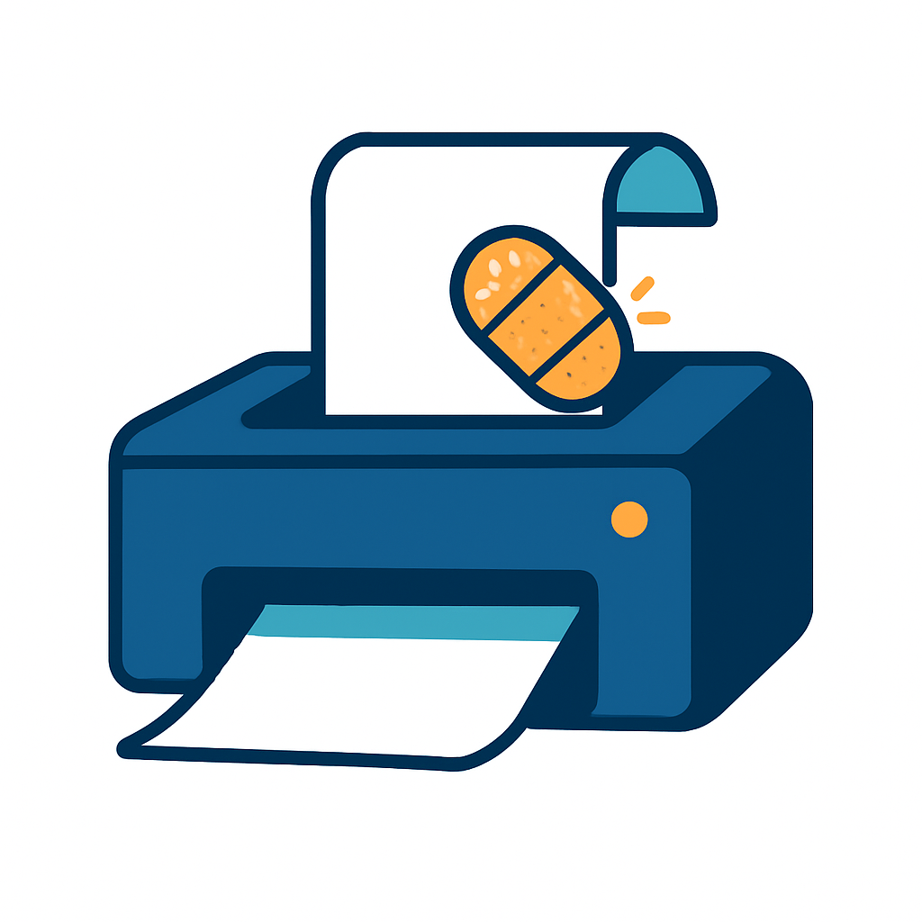 A printer with a curling sheet of paper wearing a small round bandage at its edge