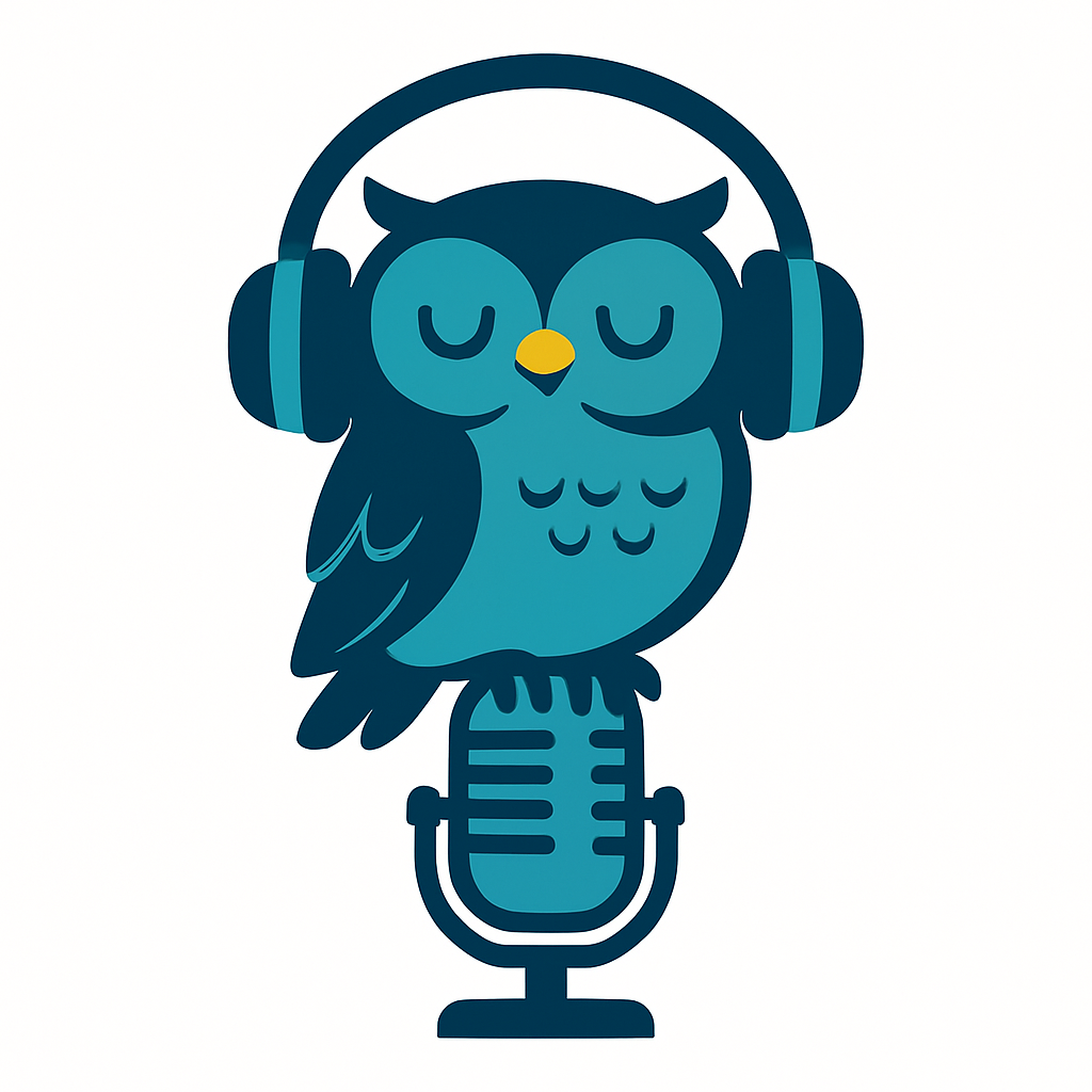 a cartoon owl wearing headphones perched on a vintage microphone