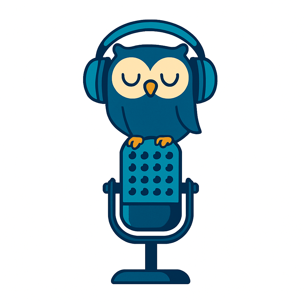 A vintage podcast microphone with a small cartoon owl wearing headphones perched on top