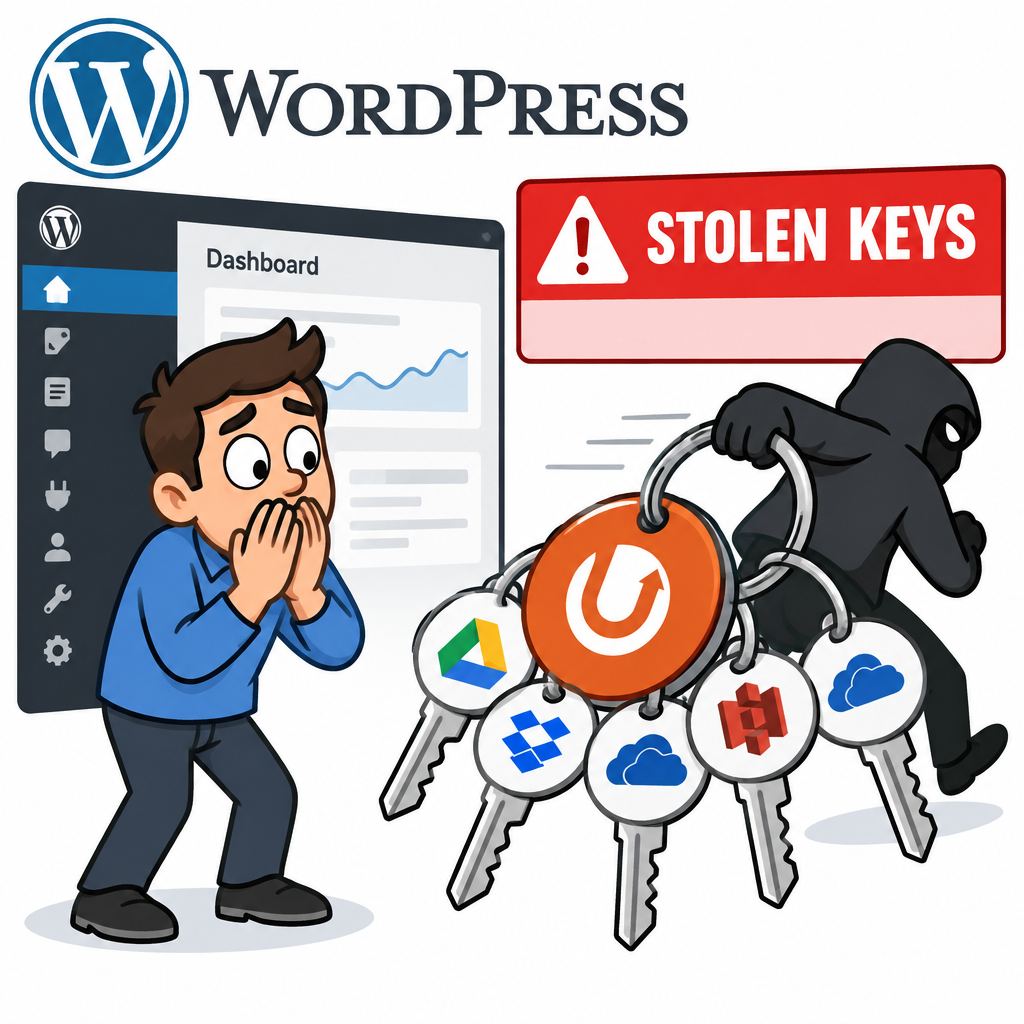 UpdraftCentral stolen keys WordPress backdoor campaign