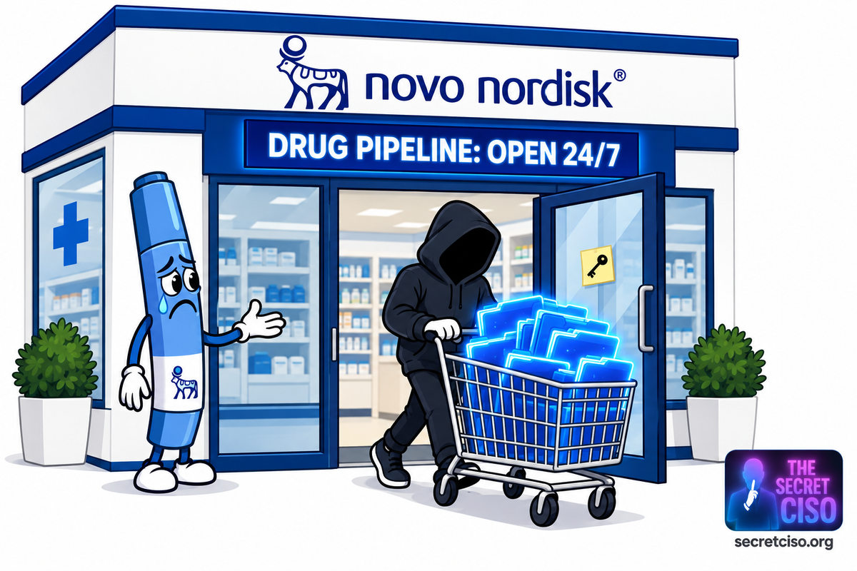 Novo Nordisk blue pharmacy storefront meme, drug pipeline open 24/7 sign, thief with cart of glowing folders