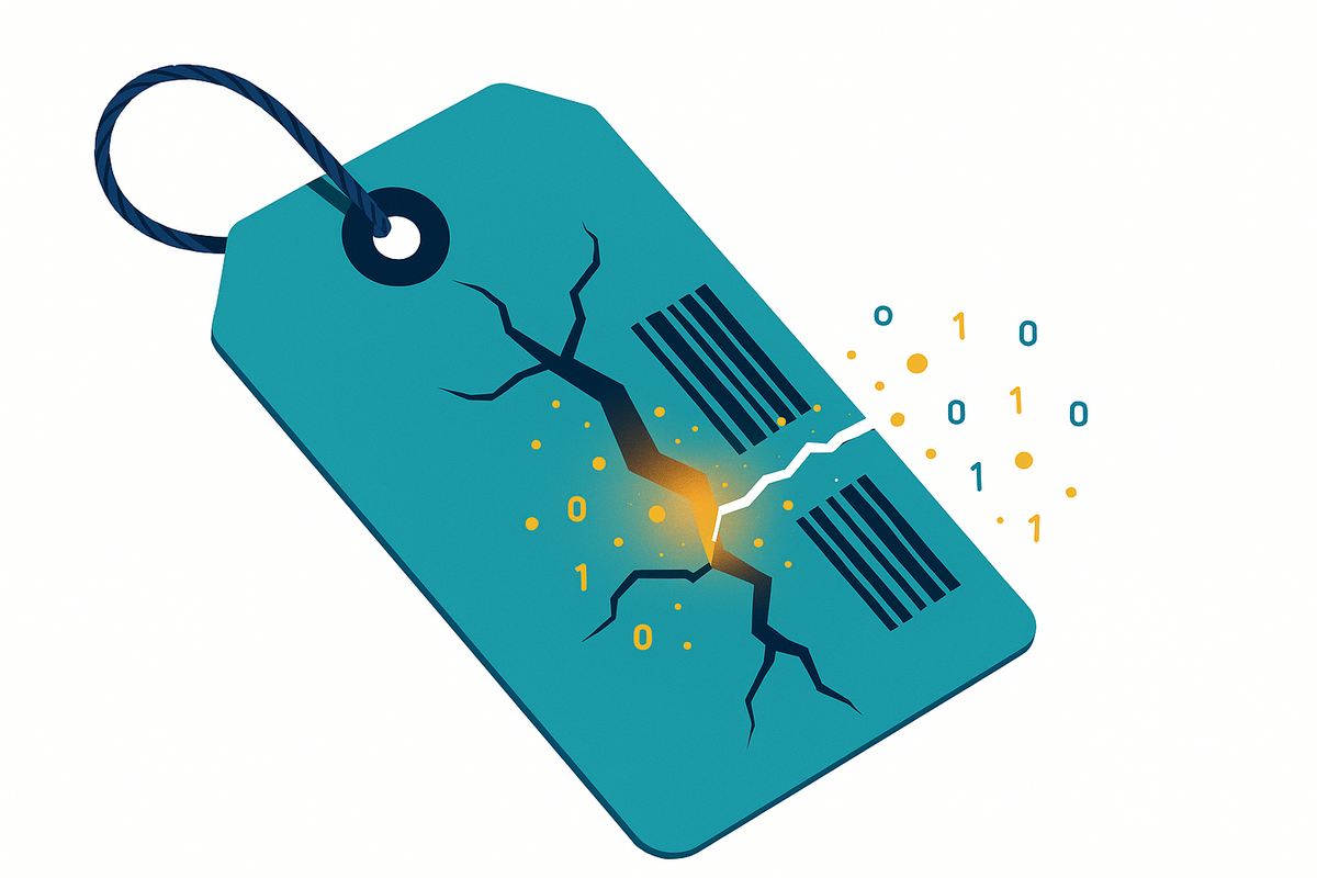 cracked airport luggage tag in Manchester Airport teal leaking glowing data