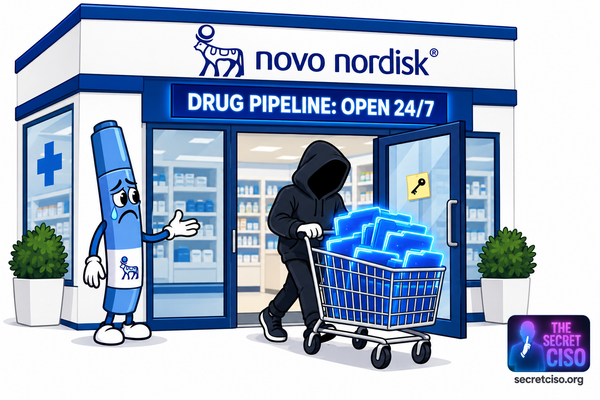 Novo Nordisk blue pharmacy storefront meme, drug pipeline open 24/7 sign, thief with cart of glowing folders
