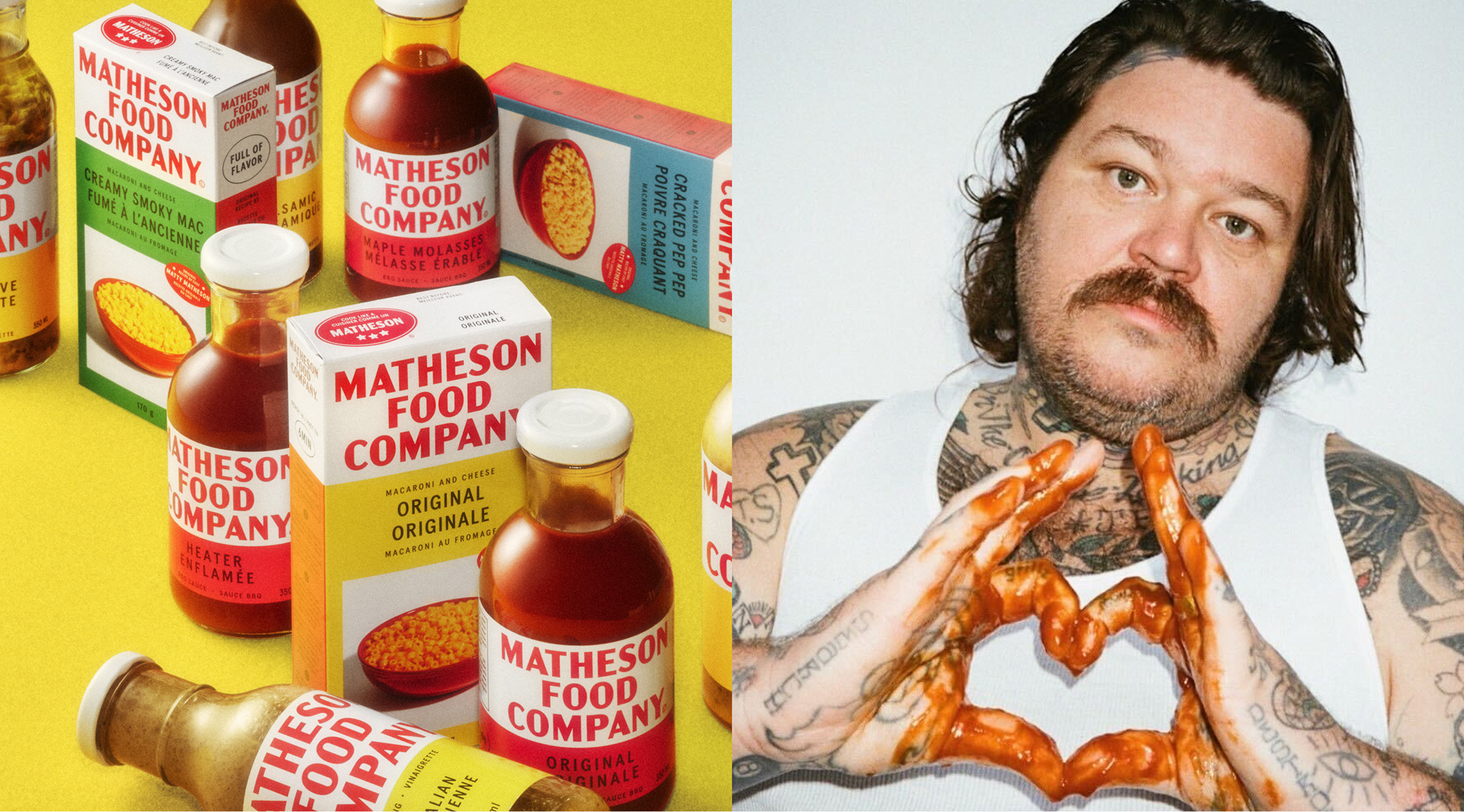 Readymag blog: A photo of bottles and packets of sauces and mac and cheese from Matheson Food Company, with branding by Wedge Studio